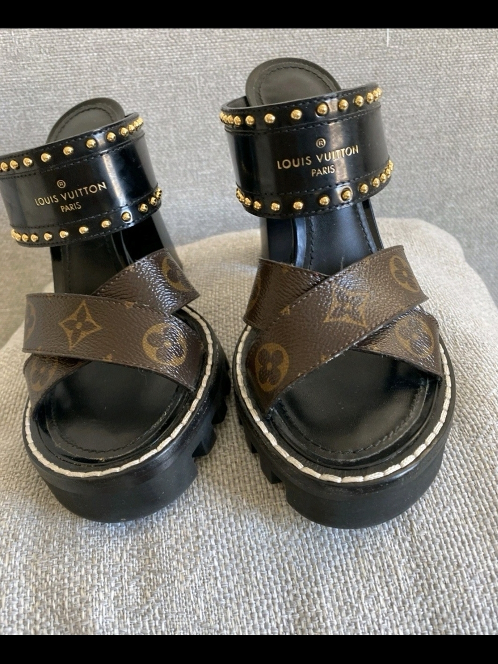 Louis Vuitton Black & Brown Monogram Studded Platform Sandals Eu 37.5 - Picture 2 of 13
